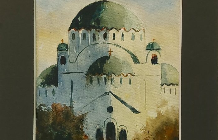 Hram Svetog Save, akvarel, 23,5 x 25 cm sa paspartuom